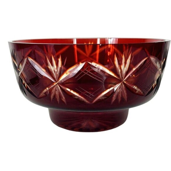 VTG Faberge Ruby Red To Clear Diamond Cut Crystal Starburst Atomic Pedestal Bowl - Picture 5 of 13